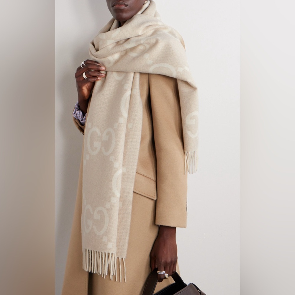 Gucci GG Emblem Cashmere Women’s Jasquard Scarf Tonal Beige Unisex GG Logo
